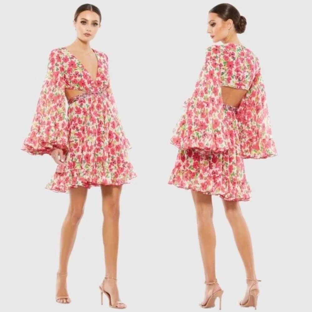 NEW | Mac Duggal 9158  Plunging V-Neck Cutout Floral Mini Dress Size 4